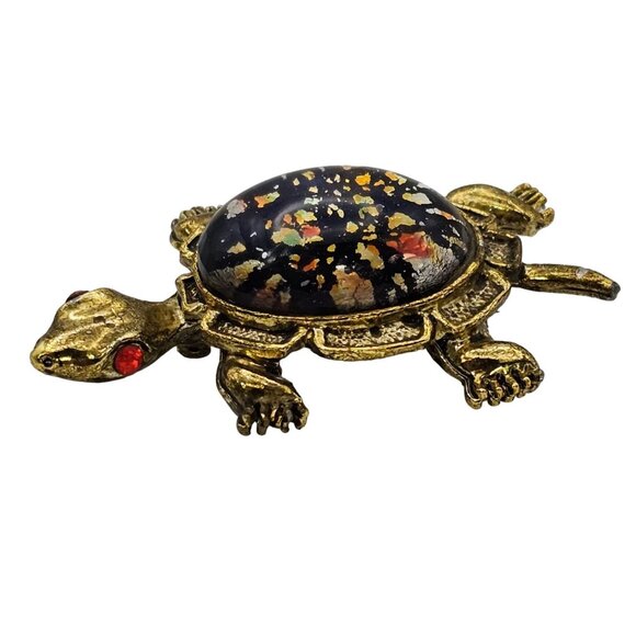 VTG Brooch Turtle Gold Tone Glass Cabochon Red Eye Whimsical Sea Creature Pin - Picture 1 of 12